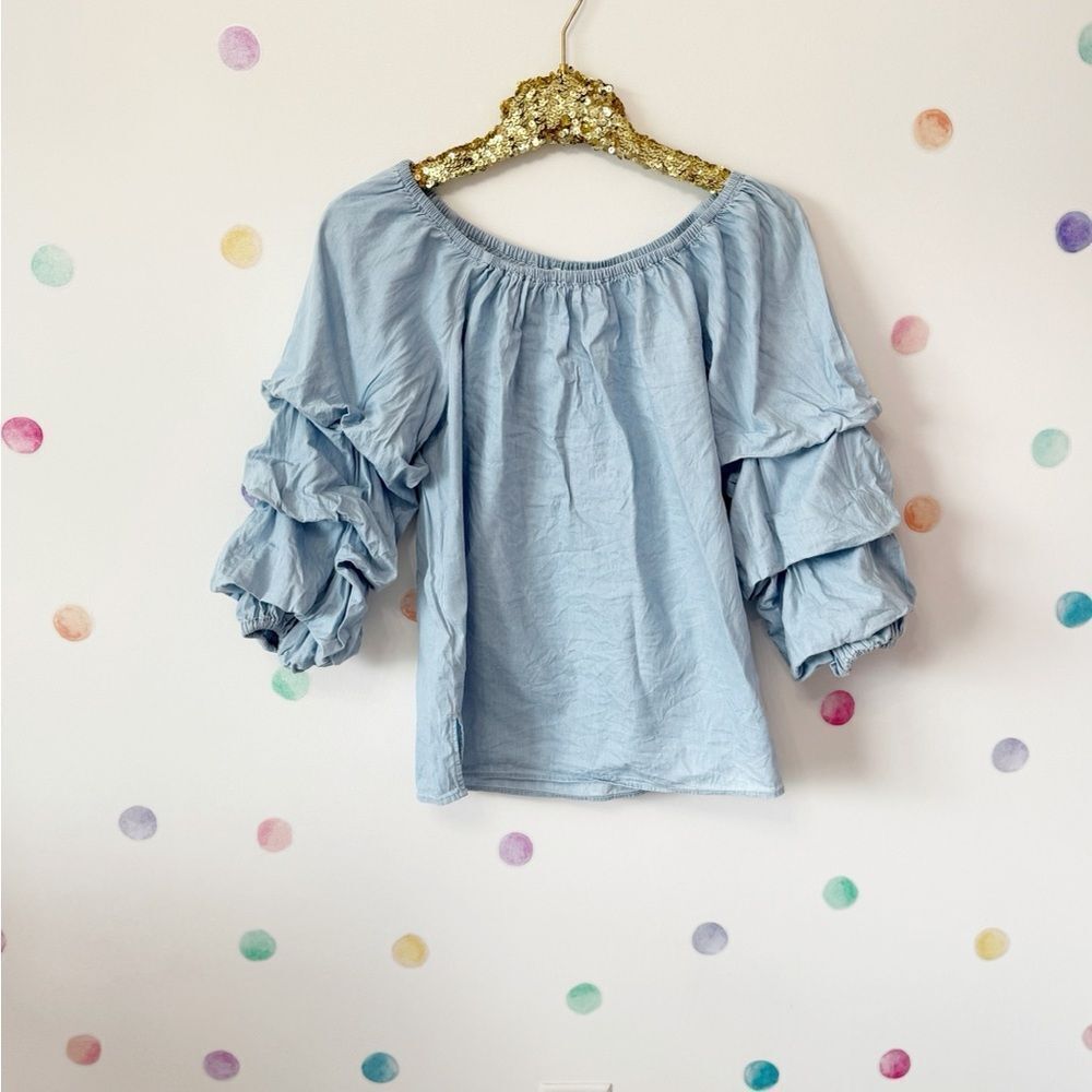 Light Blue Ruffle Sleeve Blouse
